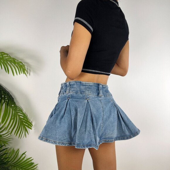 Vintage Y2K Style Light Wash Low Rise Denim Pleated Belted Mini Skirt Skort / M - Picture 2 of 7